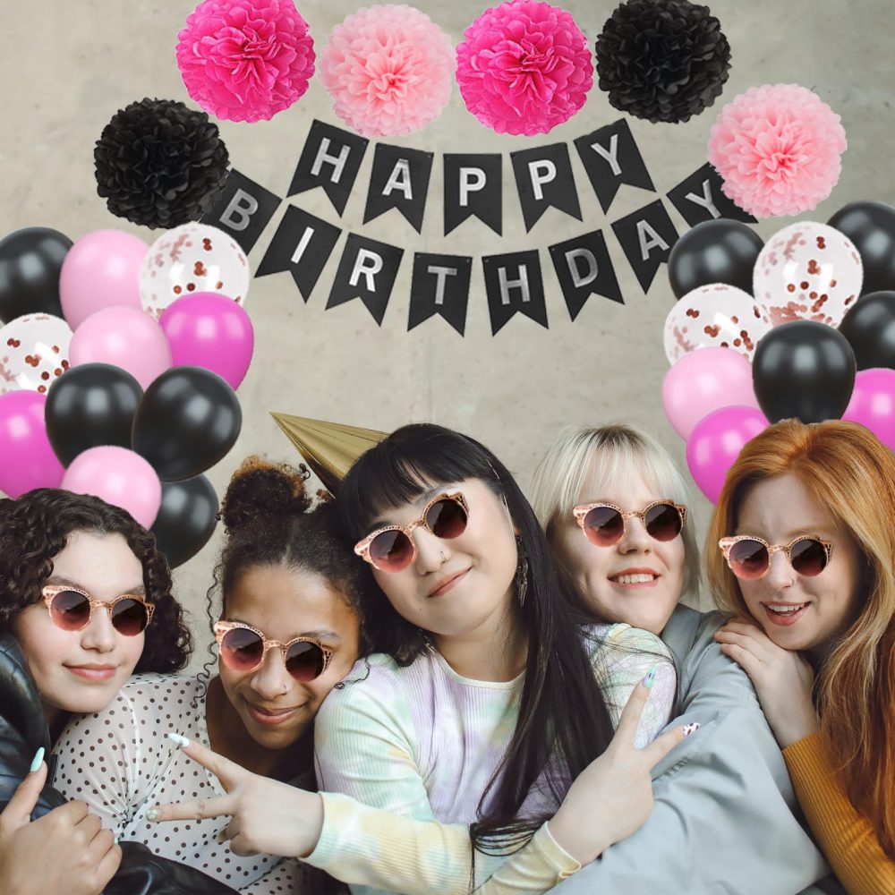 Pink And Black Birthday Decorations, Hyballustw Hot Pink And Black Balloons with Happy Birthday Banner for Girl Birthday Party Decorations for Girls Women Birthday Party Decorations - Image 3