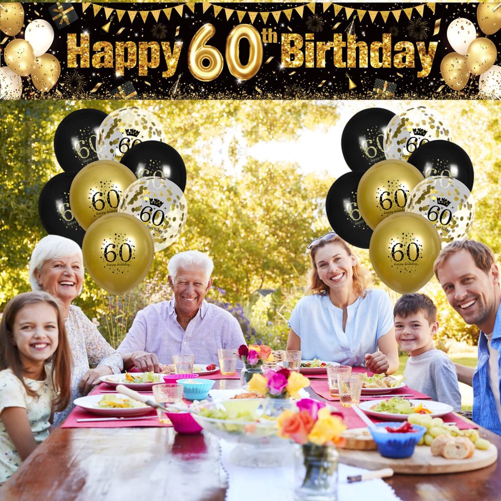 RUMIA 60th Birthday Decor for Black Gold, Black and Gold Birthday Yard Banner and 18 PCS 60th Happy Birthday Balloons for 60th Anniversary Birthday Party Supplies Yard Decor (49Q-2) - Image 2