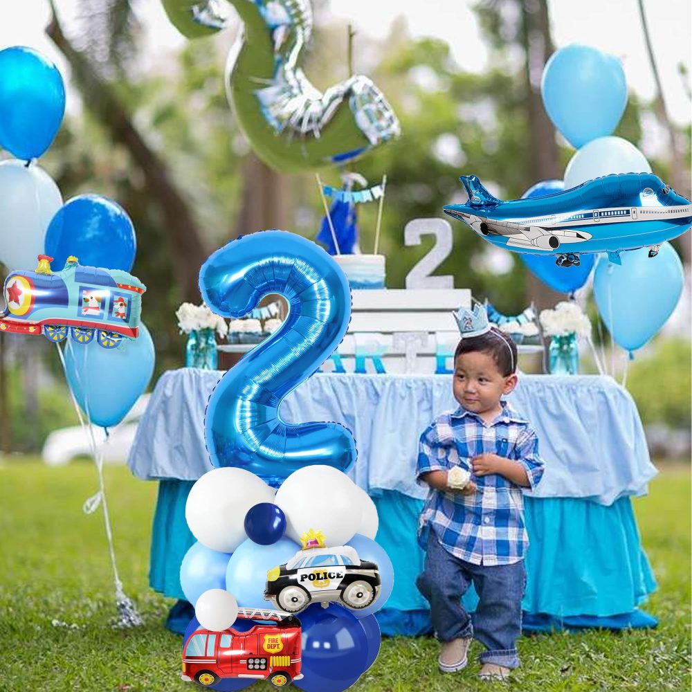 Transportation 2nd Birthday Decorations Boy - Blue Transportation 2nd Party Supplies with Numbers Stars Car Foil Balloons Cupcake Topper for 2 Year Olds Vehicle Theme Party - Image 3
