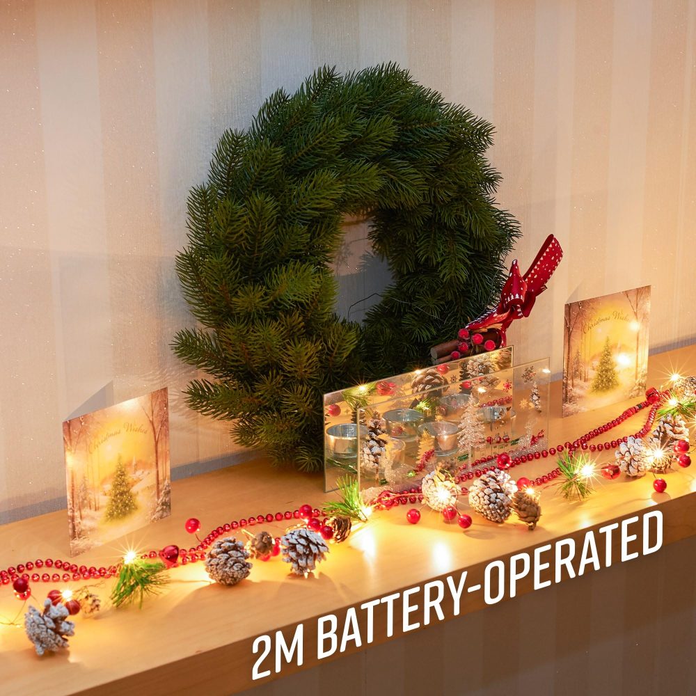 GloBrite Christmas Garland with Lights - 2 Meters, 20 LED Christmas Lights, Christmas Garlands for Indoor, Table, Fireplace, Christmas Door Garland, Xmas Garland, Christmas Decorations, Warm White - Image 5