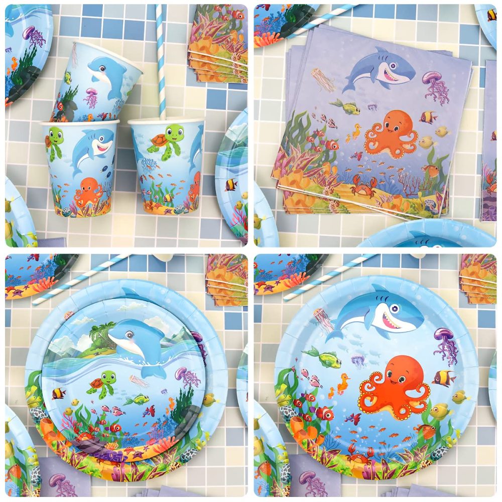 Under the Sea Party Supplies - Ocean Sea Party Tableware - Plates Cups Napkins Tablecloth Backdrop Balloons Cake Toppers for Underwater World Birthday Party Decorations, Serves 20 - Image 6