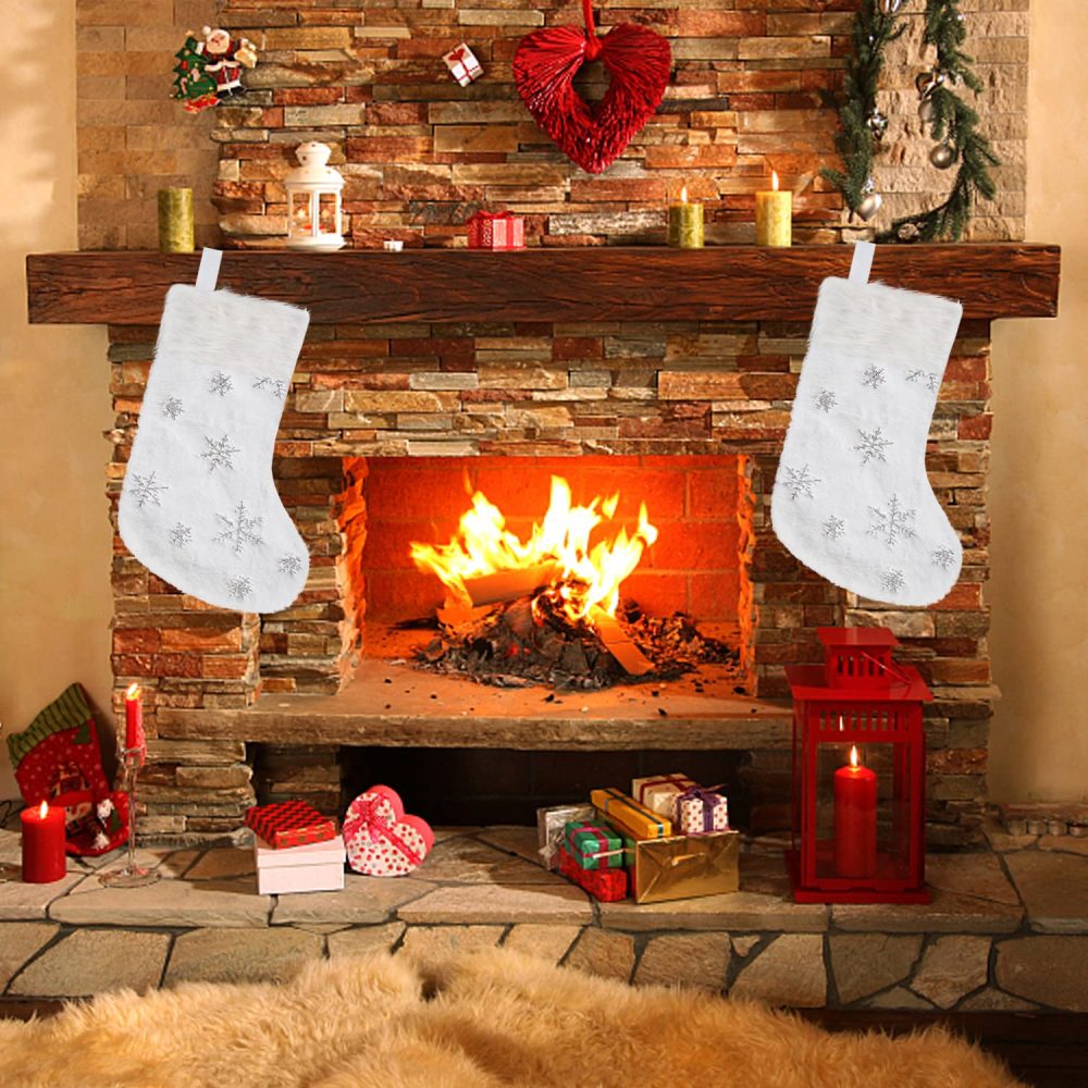 DIYASY 2 Pack Christmas Stocking, Large White Plush Faux Fur Xmas Stockings with Silver Glitter Snow Flakes for Christmas Party Gift Fireplace Tree Decoration - Image 4