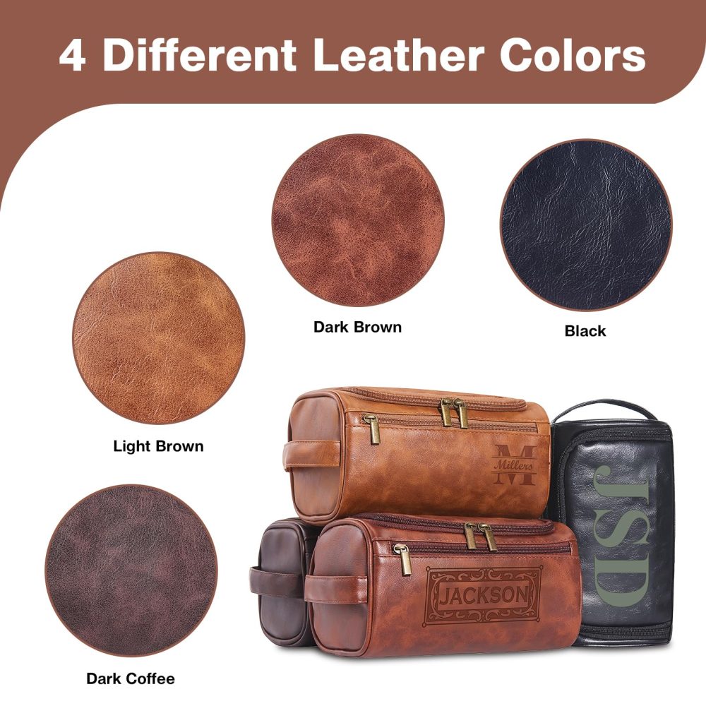 Personalized Leather Toiletry Bag For Men with Hook, Groomsmen Gifts Travel Bag Laser Engraved Name Monogram Leather Gift Anniversary Gift For Him Husband Father Leather Dopp Kit with Side Handle - Image 4