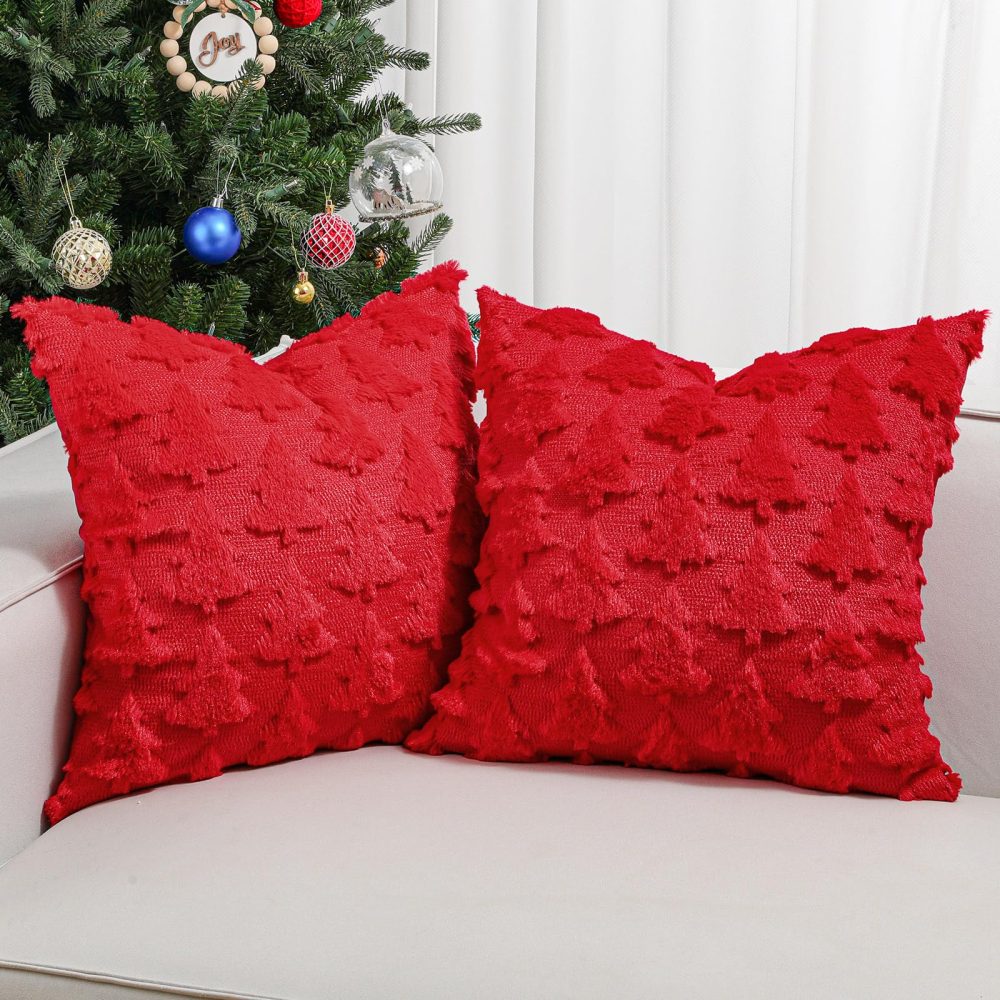 Lewondr Christmas Throw Pillow Cover 18x18, Set of 2 Super Soft Faux Fur Pillow Covers Velvet Christmas Tree Embroidery Decorative Throw Pillowcase for Living Room Bed Couch Sofa Car Home Decor, Red