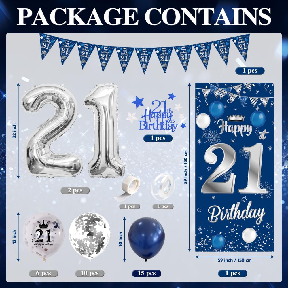 DUGEHO 21th Birthday Decorations Blue and Silver Happy 21th Birthday Banner 21th Birthday Party Decorations for Boys Girls, Balloons Banner Triangle Flags Birthday Door Wall 21th Party Decorations - Image 2