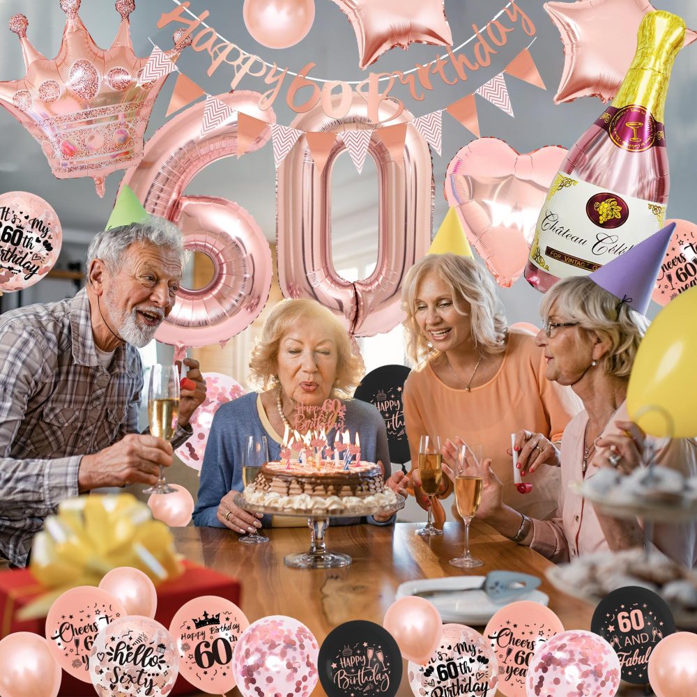 60th Birthday Decorations for Women - Rose Gold Balloons - 60th Rose Gold Birthday Decorations, Banner, Cake Topper, Cupcake Topper - Birthday Party Supplies Kit - Image 2