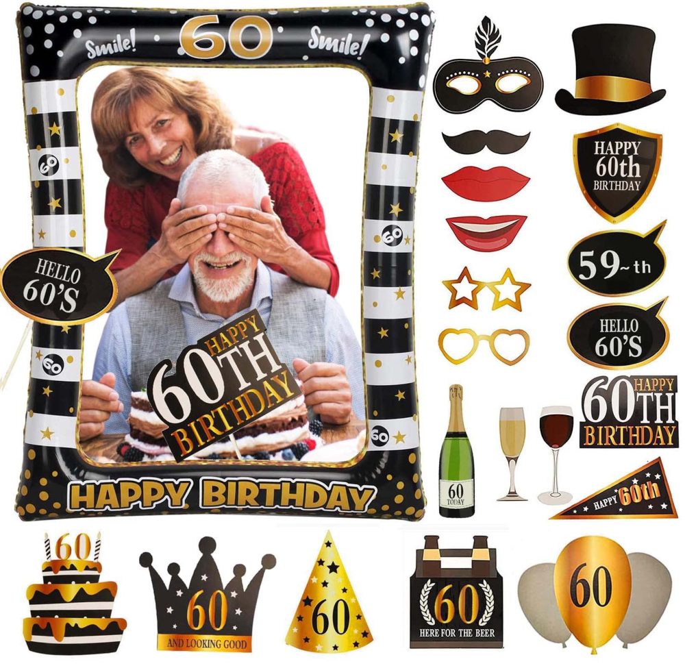 60th Birthday Photo Booth Frame, 60th Inflatable Selfie Frame and 24 Pcs 60th Birthday Photo Booth Props Black Gold Party Supplies Fun 60th Props for Ladies Men 60th Birthday Party Decorations