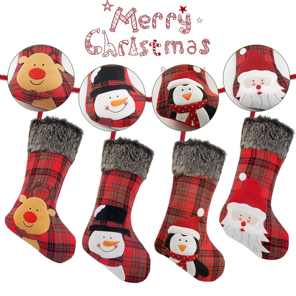 COOLWUFAN Christmas Stocking, 4 Pack 18 inch Xmas Stockings wiht Snowflake Santa Snowman Reindeer and Plush Faux Fur Cuff Family Pack Stockings for Xmas Holiday Family Party Decorations,Red - Image 5