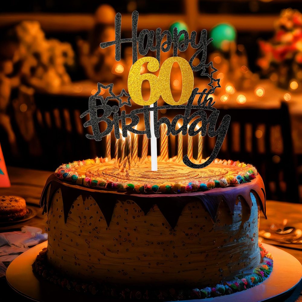 DSLSQD 1Pc Happy 60th Birthday Cake Topper, Black Gold Glitter Cheers to 60 Years Birthday Cake Pick 60 Fabulous Cake Decoration for Happy 60th Birthday Anniversary Party Supplies(60 th) - Image 3
