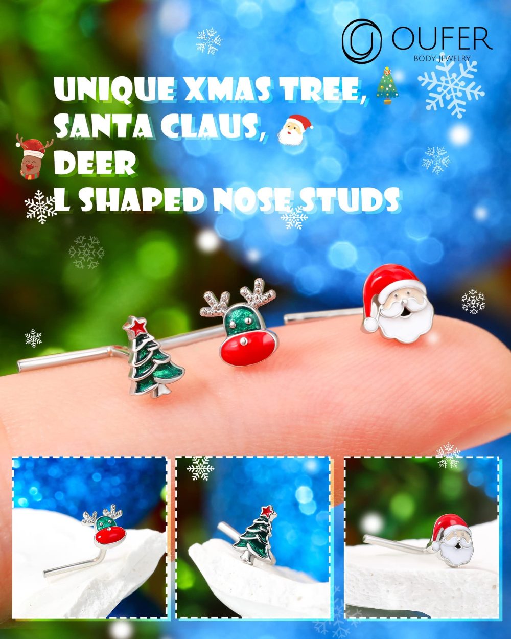 OUFER 3pcs 20G Christmas Nose Rings Pack L Shape Nose Studs Piercing Jewellery Santa Claus Surgical Steel Helix Earrings Traugs Women Men Gifts - Image 5