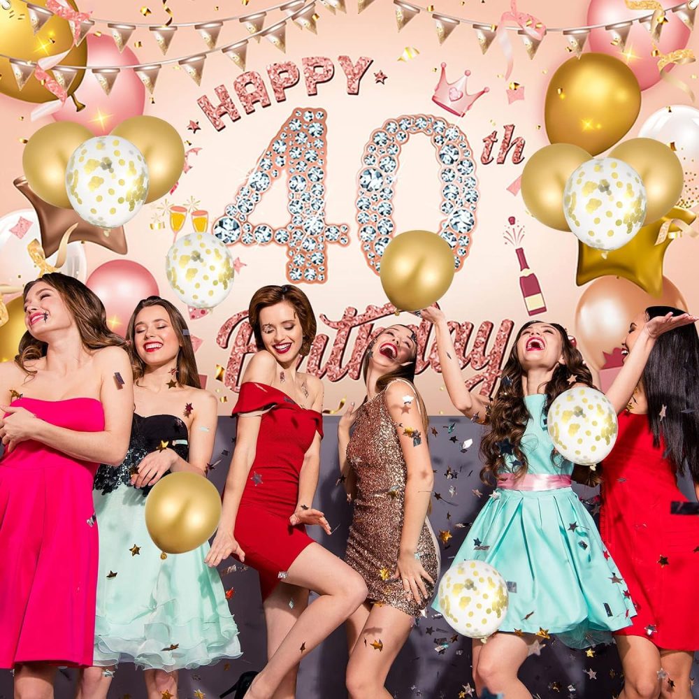 Happy 40th Birthday Banner Rose Gold Birthday Party Decoration Backdrop, 40th Birthday Poster Fabric Banner Photography Background for Girls Women, 110 x 180 cm (40th) - Image 2