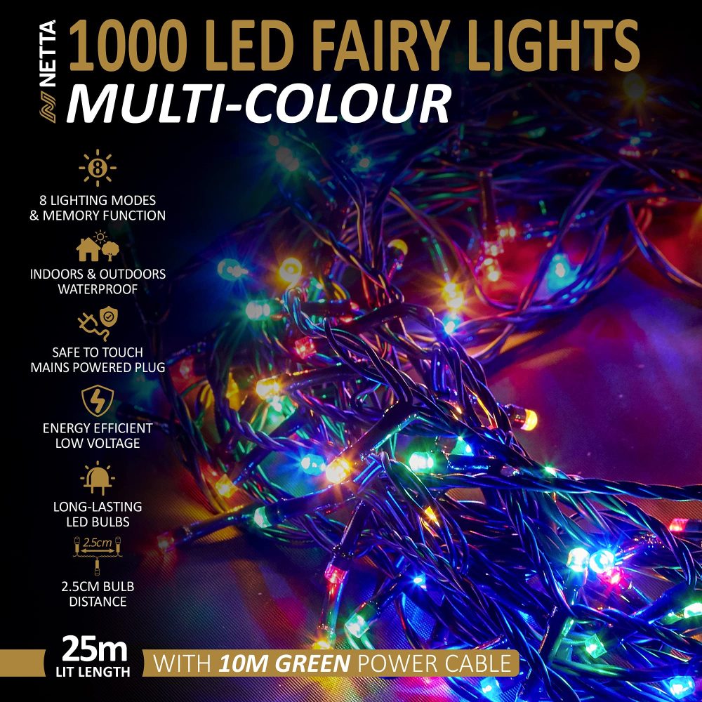 Christmas Tree Lights 1000 LED 25m Multi-Colour - 2.5cm Bulb Distance Fairy String Lights Plug in with Timer and Memory Functions - Suitable for Outdoor/Indoor Use - Image 6