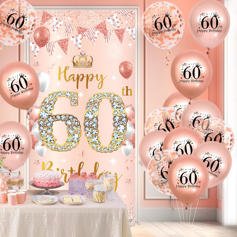 Rose Gold 60th Birthday Decorations Banner for Women, Happy 60th Birthday Door Banner with 18pcs 60th Balloons for Women 60th Birthday Anniversary Party Backdrop Decor Supplies Sign Porch Background - Image 5