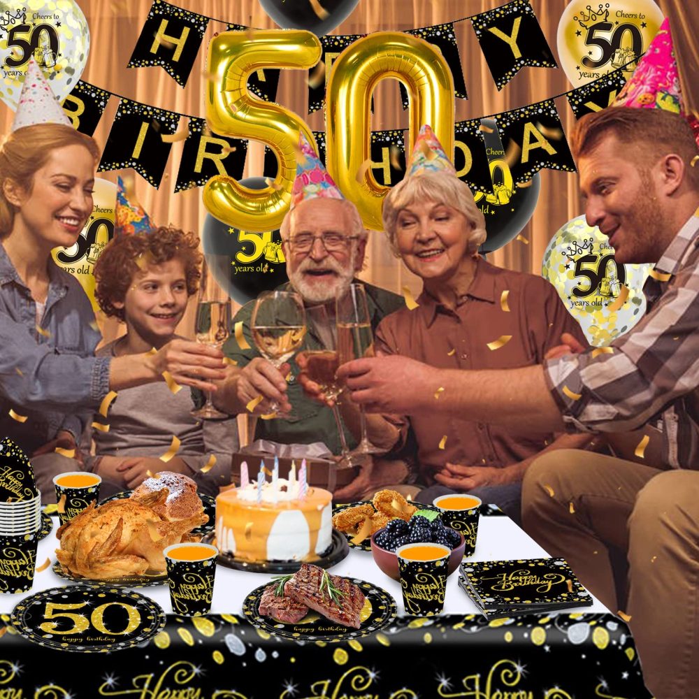 50th Birthday Decorations Party Tableware Set, Black Gold 50th Birthday Paper Party Plates Cups Napkins Tablecloth Balloons for Women Men 50th Birthday Party Decorations Table Supplies, 16 Guests - Image 6