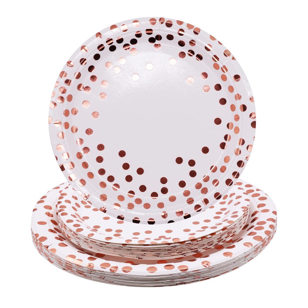 TOPWAYS Dot Rose Gold Birthday Decorations Paper Plates Set, 7'' and 9'' Disposable Paper Dinner Dessert Party Plates Tableware Decorations for Birthday, Wedding Anniversary Picnic, 16pcs Each Size
