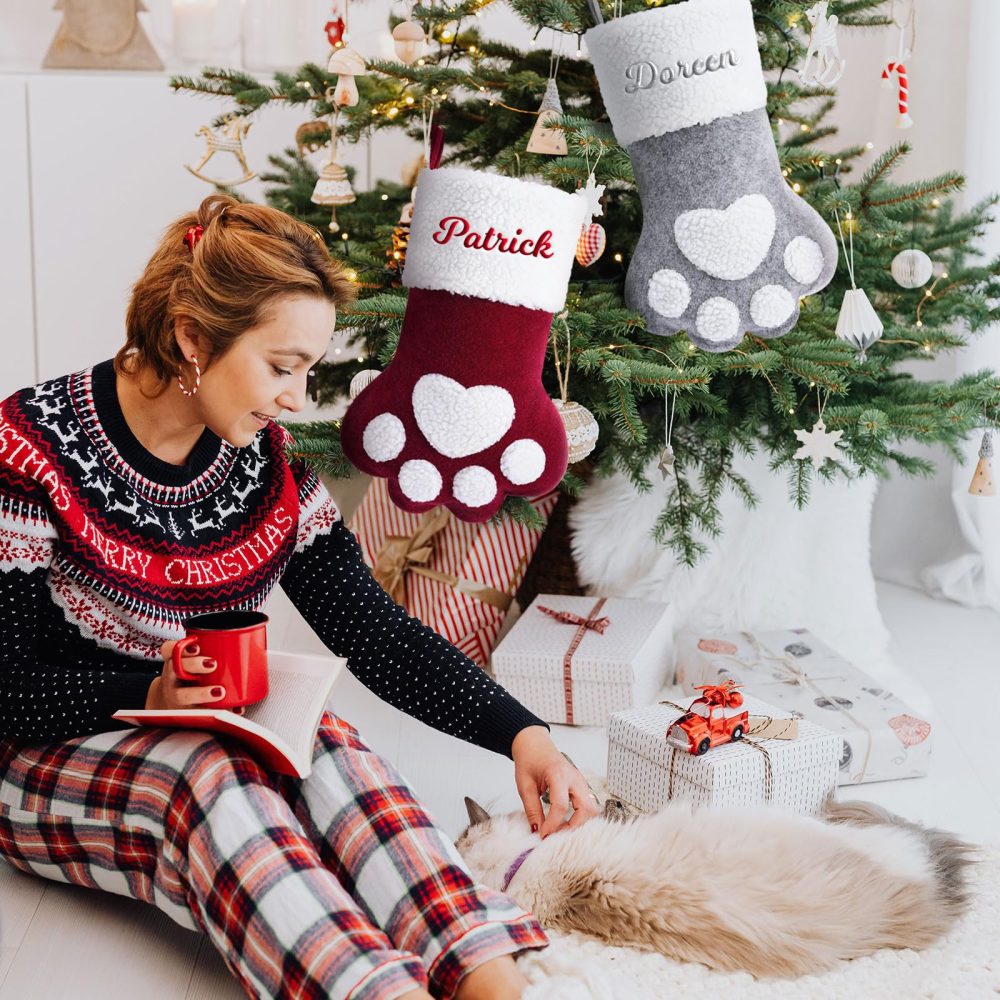 Jodimitty Pet Personalized Christmas Stockings 15"/39cm Large Cloth Christmas Stocking Embroidered Name, Cute Paw Shape Stocking for Family Pet, Christmas Tree Fireplace Decorations - Image 2