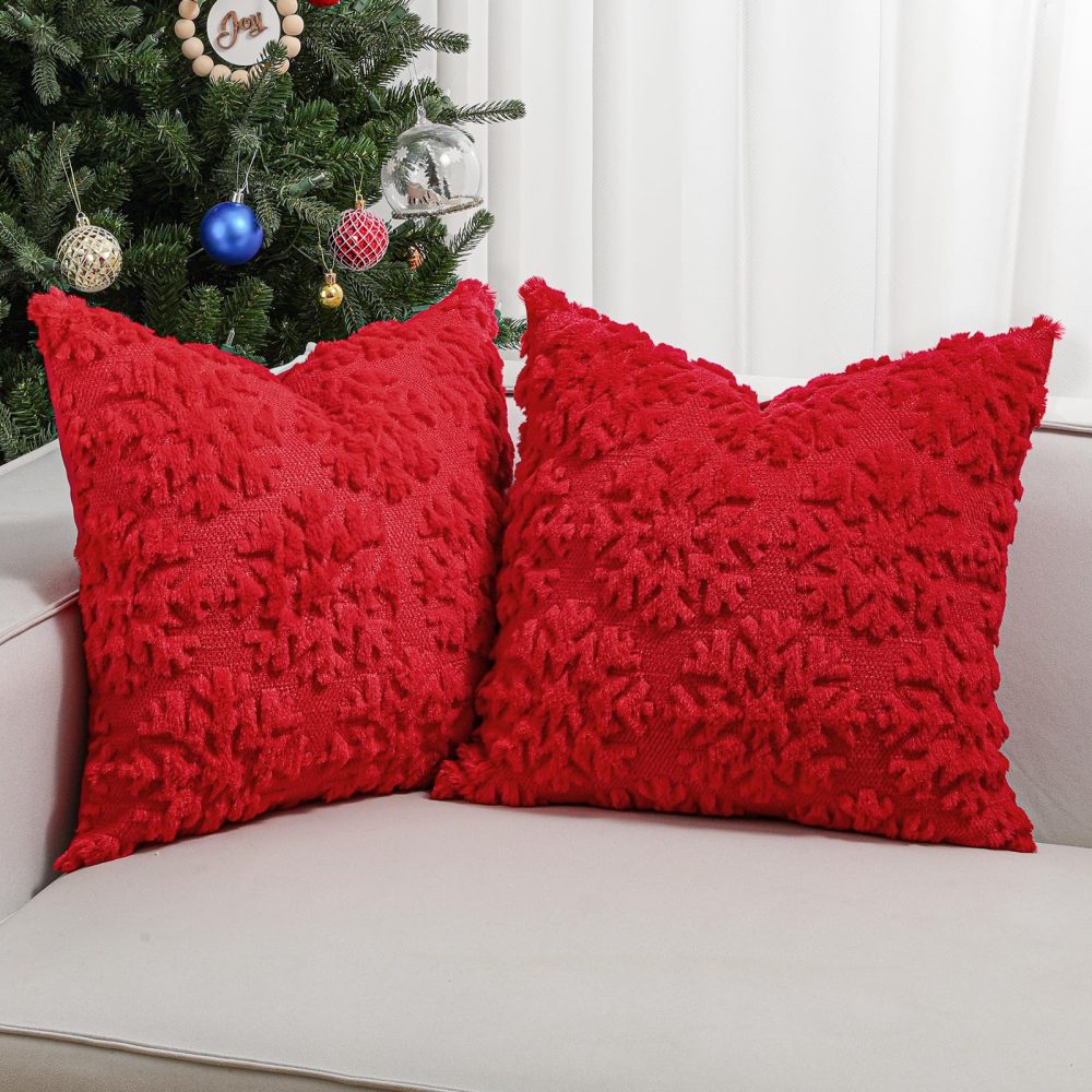 Lewondr Christmas Throw Pillow Cover 18x18, Set of 2 Super Soft Faux Fur Throw Pillow Covers Velvet 3D Snowflakes Embroidery Decorative Throw Pillowcase for Living Room Bed Couch Home Decor, Red
