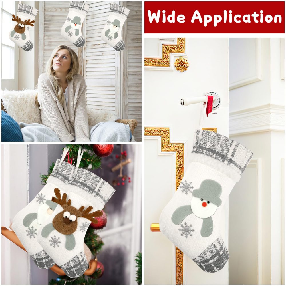 Christmas Stocking, 3pcs Personalised Christmas Stockings, Xmas Stockings with Santa/Snowman/Reindeer, Sock Sack Gift Bag for Fireplace, Christmas Tree Decoration (Grey) - Image 2