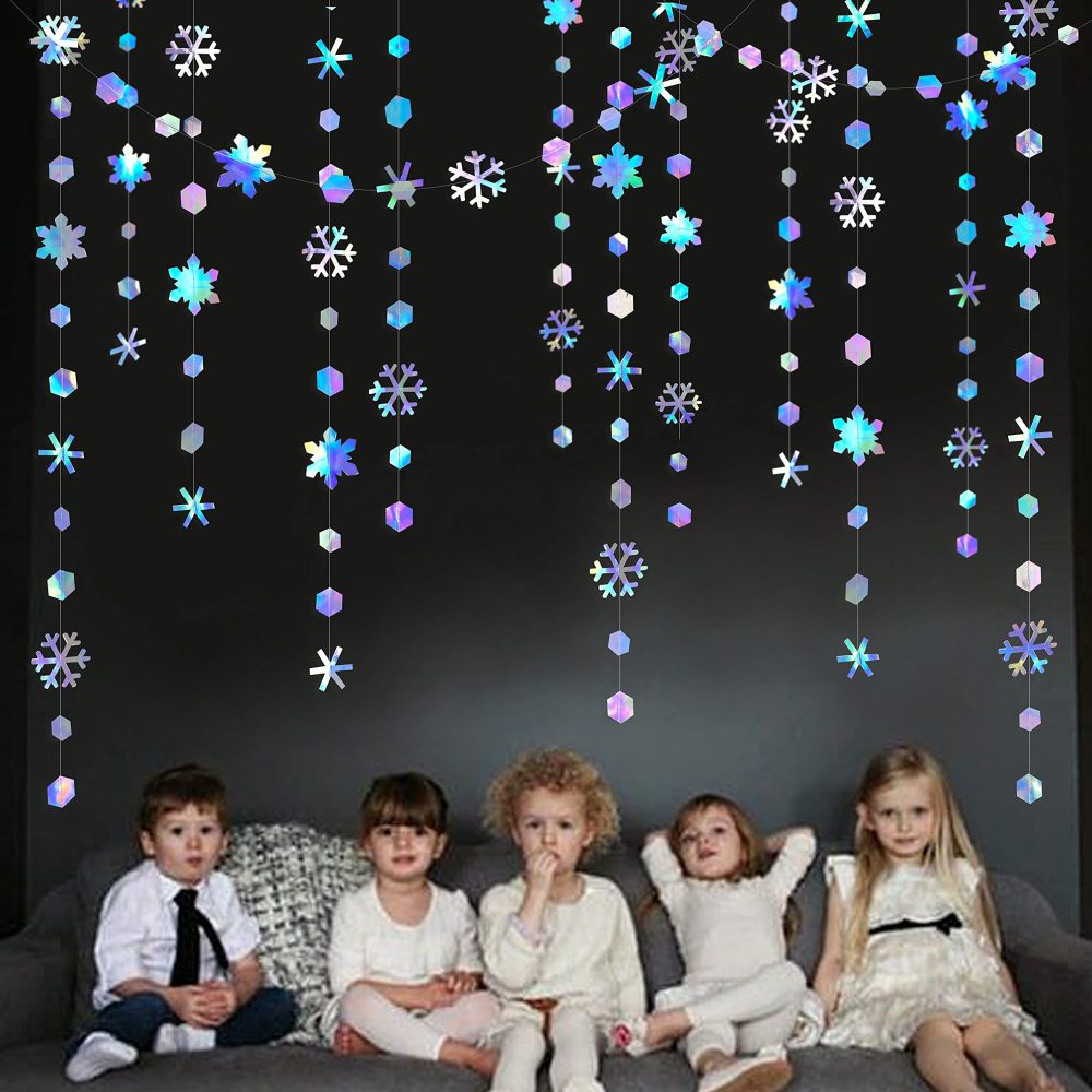52Ft Iridescent Snowflakes Garland Winter Wonderland Party Decorations Metallic Glitter Paper Snowflakes Streamer for Winter Wonderland Frozen Birthday Wedding Baby Bridal Shower Christmas Decorations - Image 3