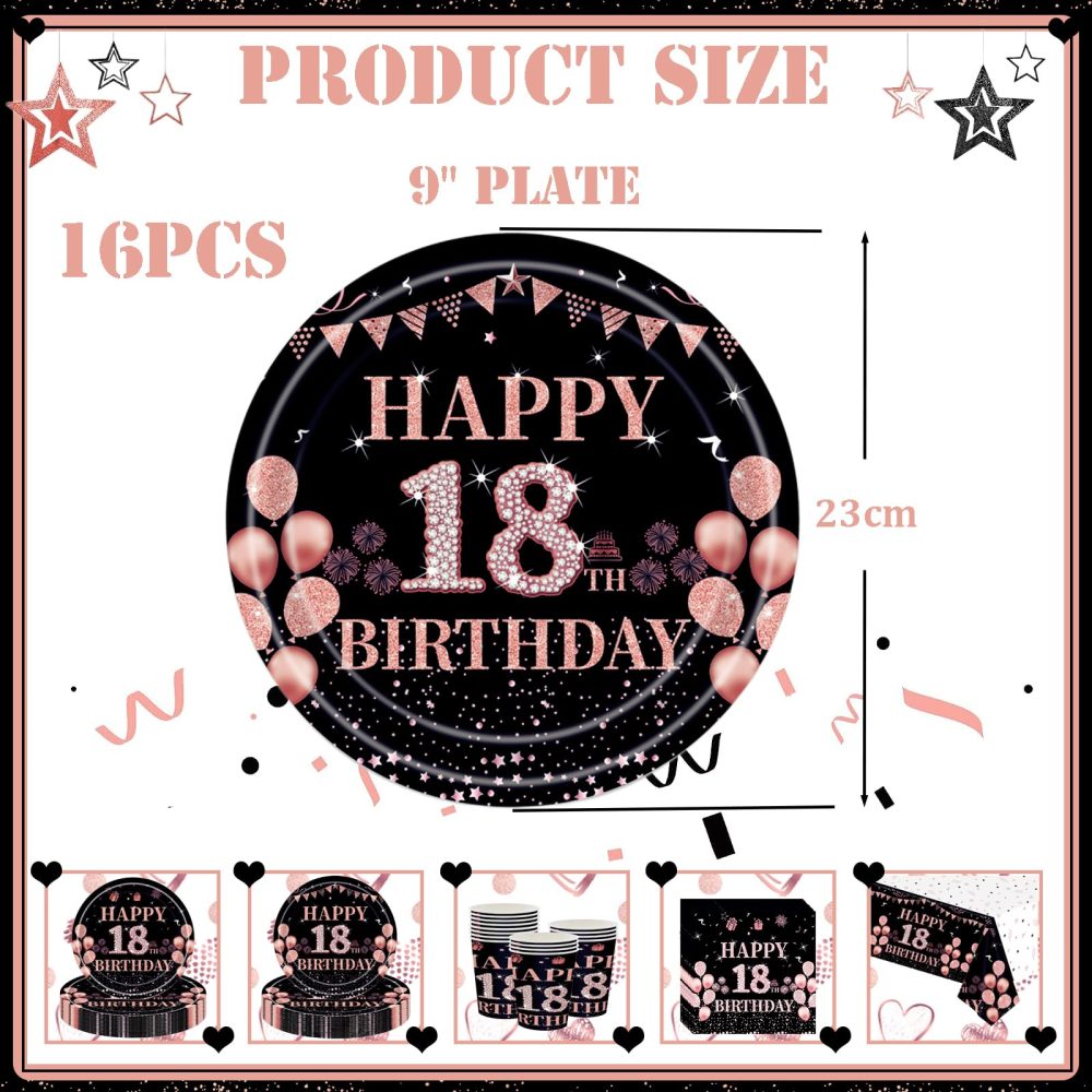 16Pcs Black Rose Gold 18th Birthday Paper Plates 9",Birthday Tableware Party Plate Disposable,Happy 18th Birthday Table Decorations Plates Birthday Gifts for Girls,Her 18th Birthday Party Supplies - Image 3
