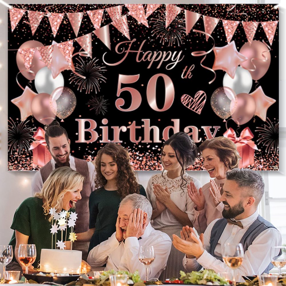 50th Birthday Decoration Banner, 50th Black Rosegold Birthday Backdrop Banner Photo Booth Sign Decorations, Extra Large Fifty Birthday Banner Background for Women 50th Birthday Party Supplies - Image 6