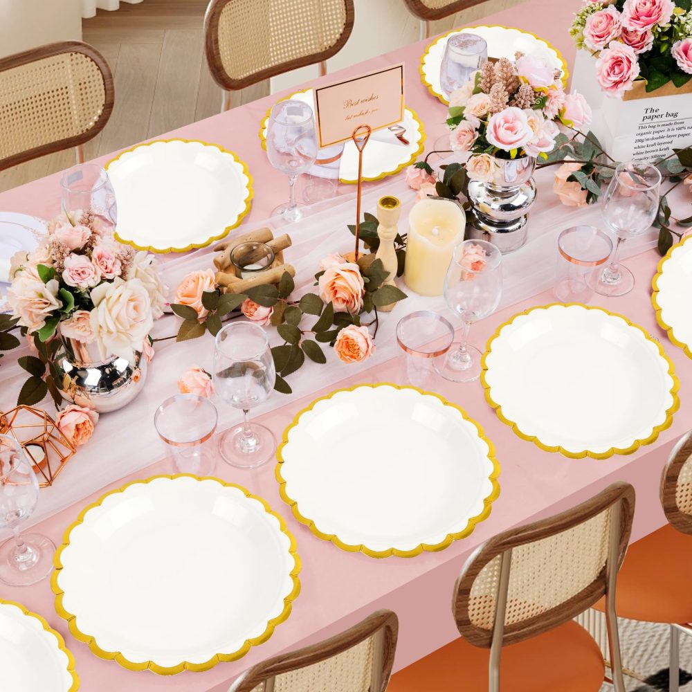 AHPYEUHK 50 Pcs White Paper Plates 7 Inch Birthday Decorations Dinnerware Lace Gold Dessert Plates for Birthday Wedding Party Supplies Tableware - Image 3