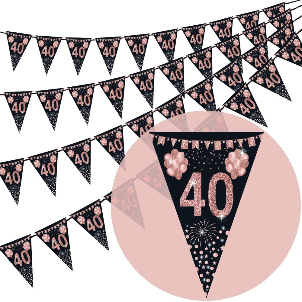 40th Birthday Bunting, Happy Banner Bunting Flags, 40 Pieces Triangle Rose Gold Glitter Diamond by Numbers 40th Birthday Anniversary Theme Party Decoration Supplies