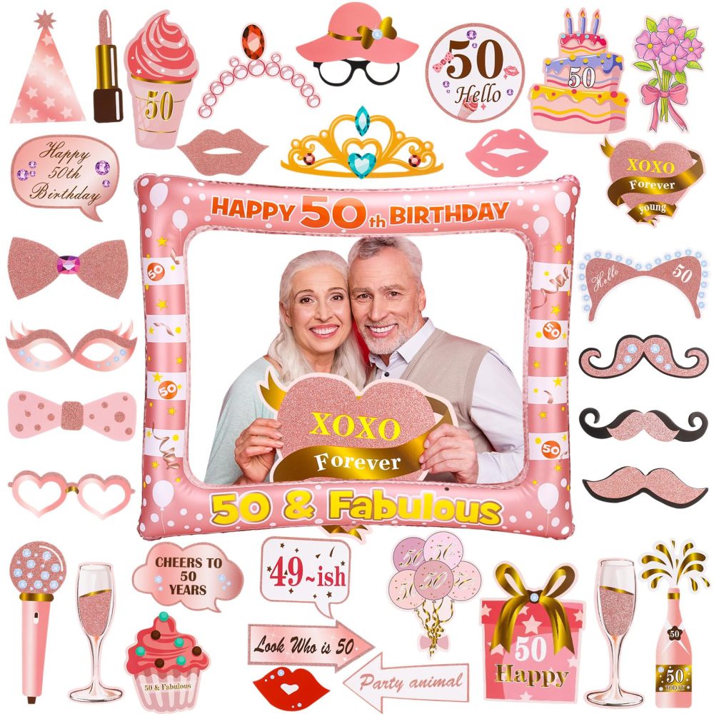 50th Birthday Photo Booth Frame and Inflatable Selfie Frame, 35 Pcs Birthday Decorations for Men Women Girls, 50th Birthday Pink Photo Booth Props, 50th Birthday Party Supplies Decor