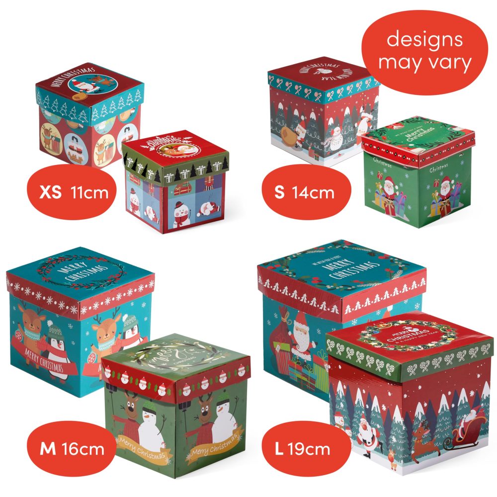 The Twiddlers - 8 Christmas Cardboard Gift Boxes with Ribbon for Presents Xmas Party Box - 4 Different Sizes and Assorted Designs - Image 3