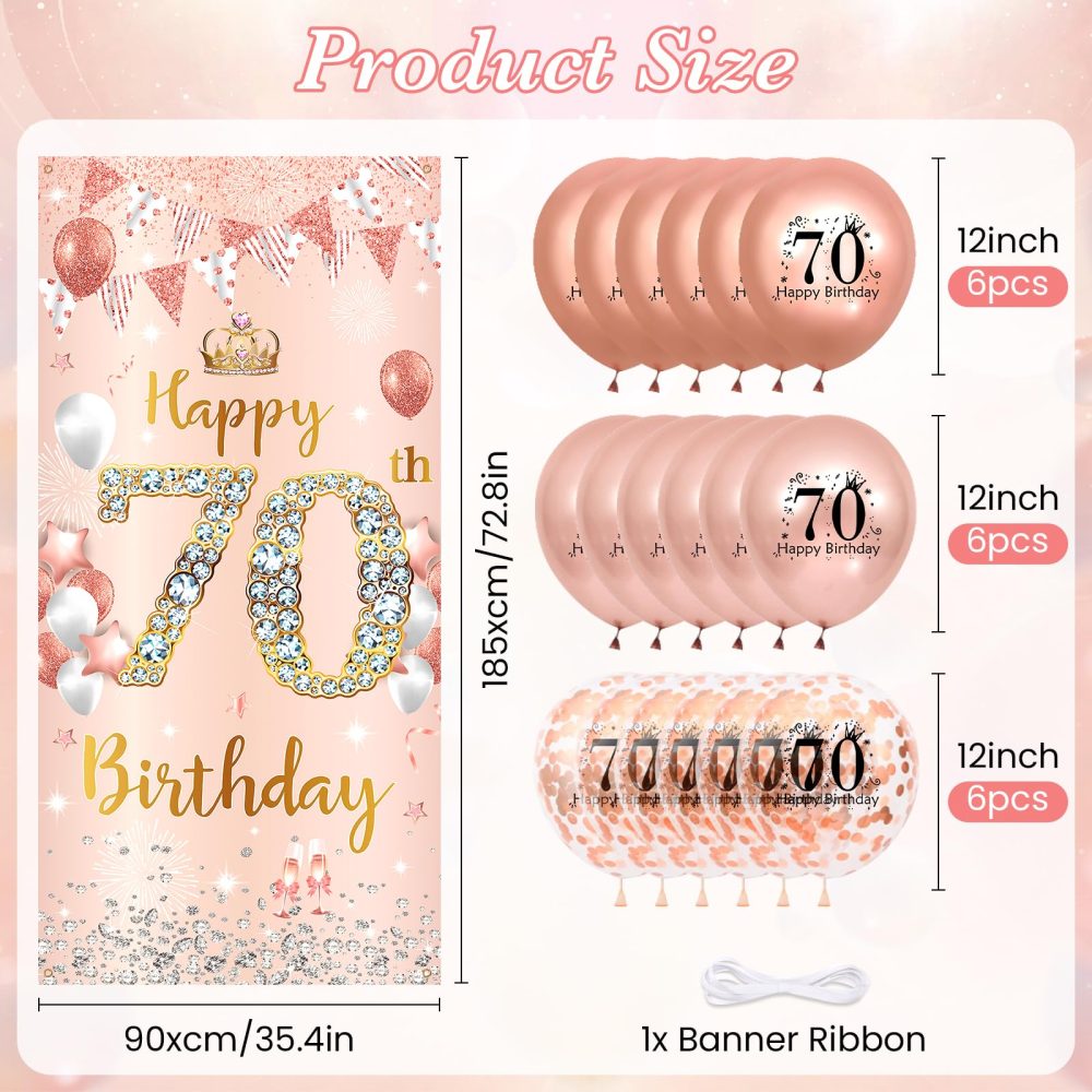 Rose Gold 70th Birthday Decorations Banner for Women, Happy 70th Birthday Door Banner with 18pcs 70th Balloons for Women 70th Birthday Anniversary Party Backdrop Decor Supplies Sign Porch Background - Image 2
