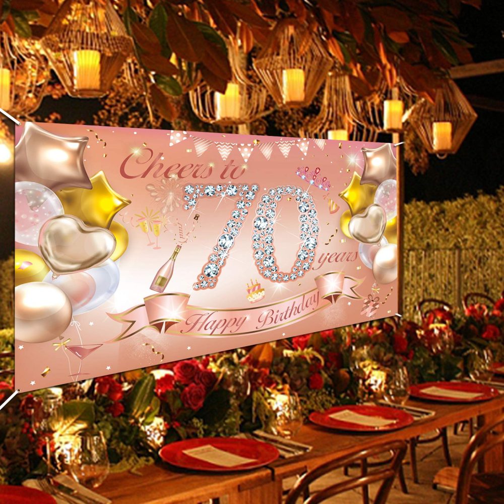 HOWAF Woman 70th Birthday Party Decoration Rose Gold, Fabric Banner for 70th Birthday Photo Backdrop Photography Background, 70th Birthday Outdoor Garden Table Wall Decoration Supplies - Image 4