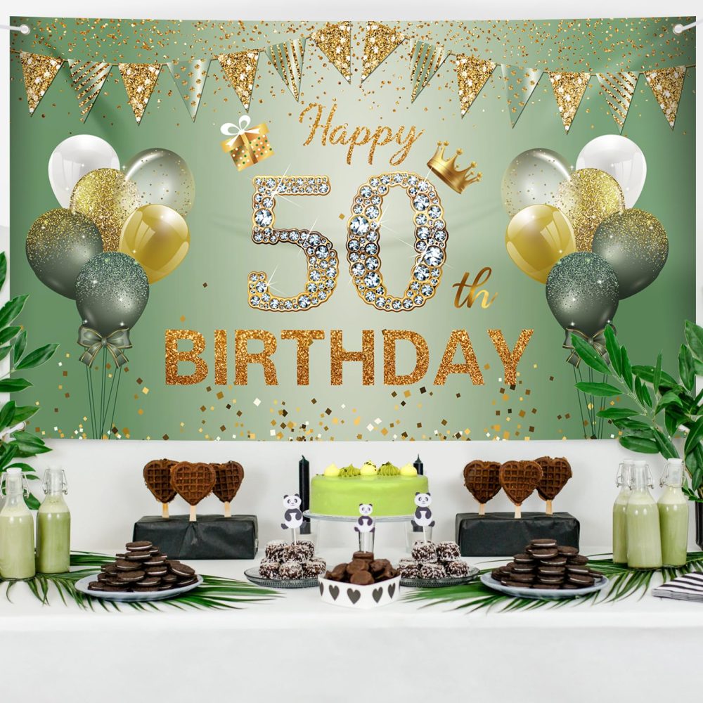 50th Birthday Decorations for Women Men, 50th Birthday Banner, 50th Birthday Backdrop Party Decorations, Sage Green Gold Happy 50th Birthday Banner Background for Birthday Anniversary Party Supplies - Image 5
