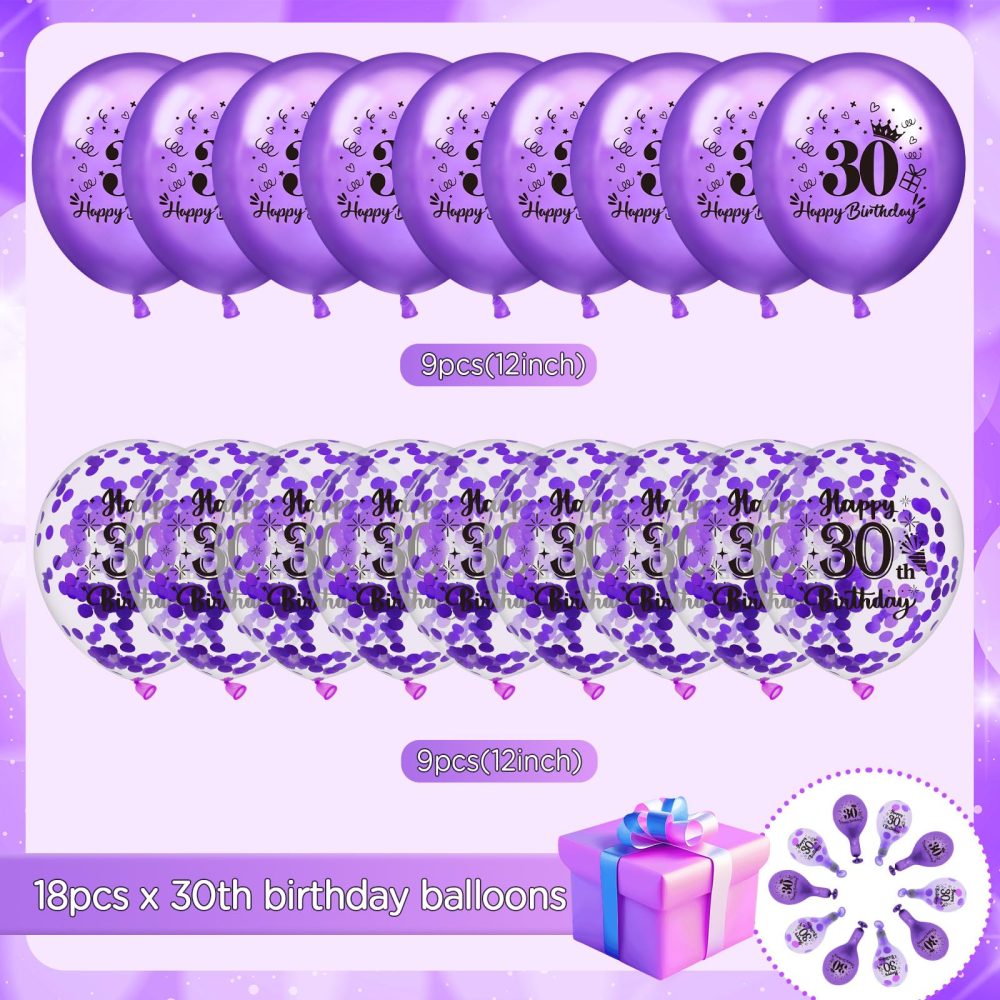 30th Birthday Balloons 18Pcs Purple Happy 30th Birthday Balloons Confetti Balloons Purple 30th Birthday Party Decorations Balloons for Women Men 30th Anniversary Birthday Decor Supplies 12 inches - Image 4