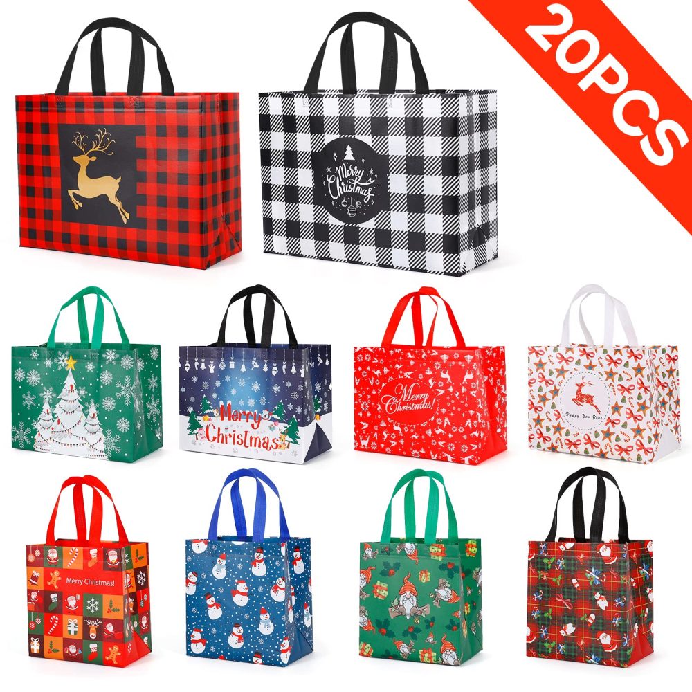 YANGTE 20 Pack Christmas Bags Assorted Sizes, Reusable Tote Bags with Handle, Includes 4 Large 8 Medium 8 Small Non-Woven Christmas Bags for Xmas Party Favors - Image 6