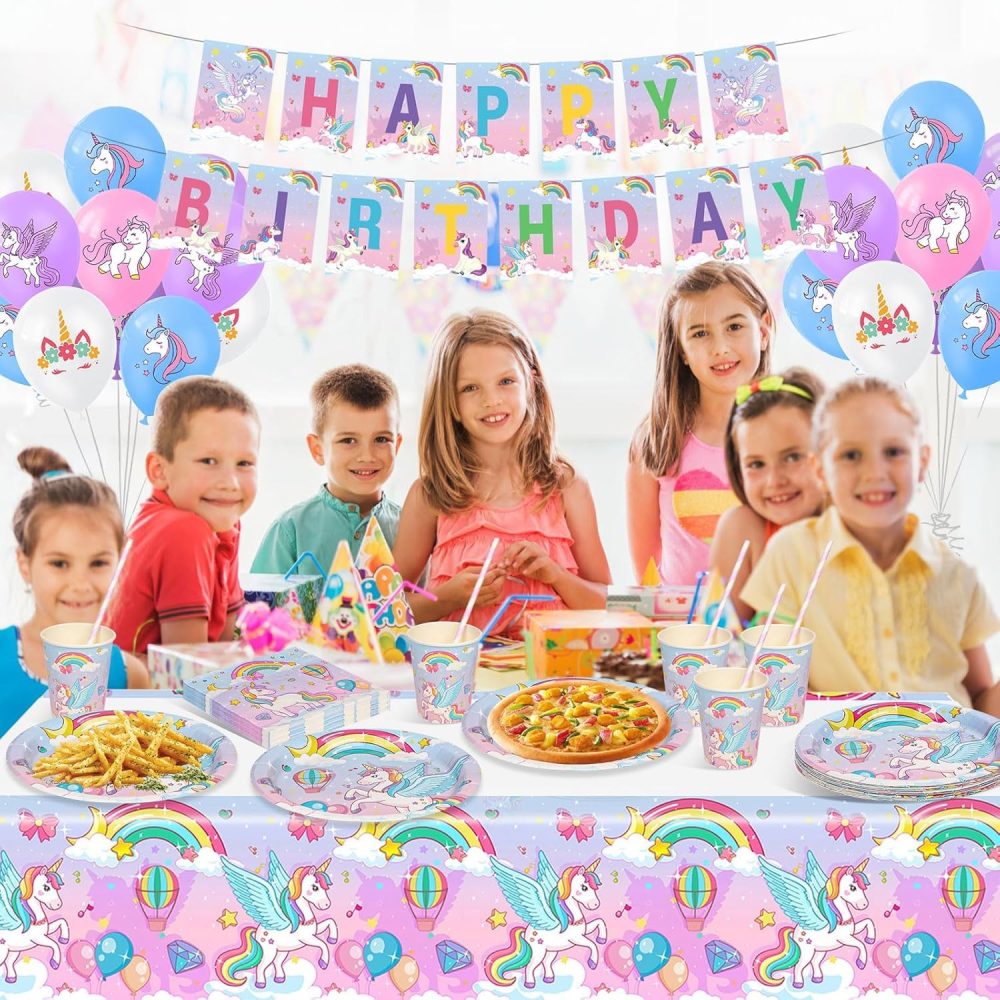 yosiio Unicorn Party Tableware Set, 16 Guests Unicorn Birthday Decoration Set, Party Supplies Paper Plates Cups Napkins Table Cloth Balloons for Kids' Birthday Baby Shower - Image 8