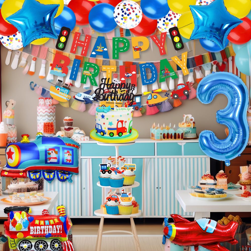 Transportation 3rd Birthday Decorations Boy - Transport Vehicle Themed Party Set Includes Banner Cake Topper Stickers Latex Train Plane Fire Truck Balloons for 3 Year Old Boys Cars Party Supplies - Image 2