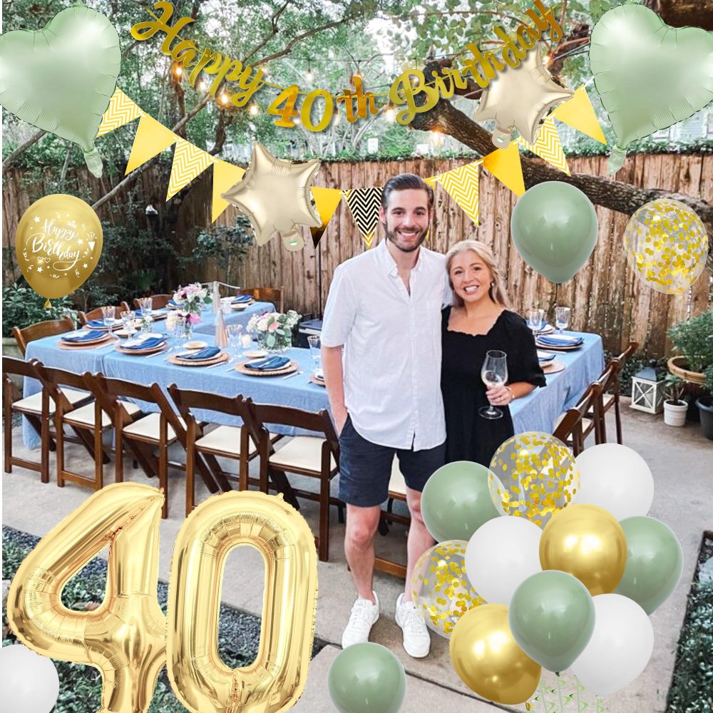 40th Birthday Decorations Women Men - Green Gold Birthday Party Decoration Balloons Set With Banners Paper Pom Confetti Latex Balloon Happy 40th Birthday Cake Toppers for 40 Years Birthday Supplies - Image 3