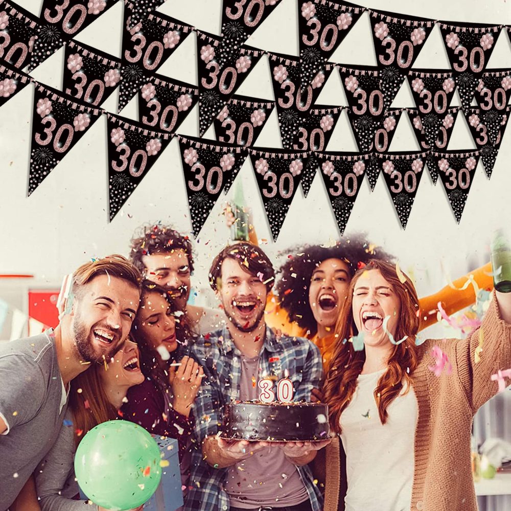 30th Birthday Bunting, Happy Banner Bunting Flags, 40 Pieces Triangle Rose Gold Glitter Diamond by Numbers 30th Birthday Anniversary Theme Party Decoration Supplies - Image 2