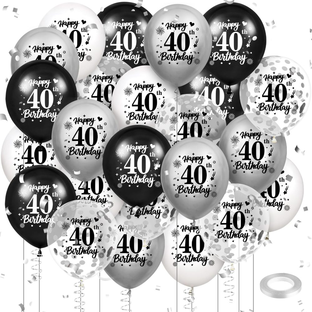 40th Birthday Balloons Decorations Black White Silver 24pcs Happy 40th Birthday Party Confetti Balloons Latex for Men Women Happy 40th Birthday Anniversary Party Supplies Decor 12 inches Outdoor