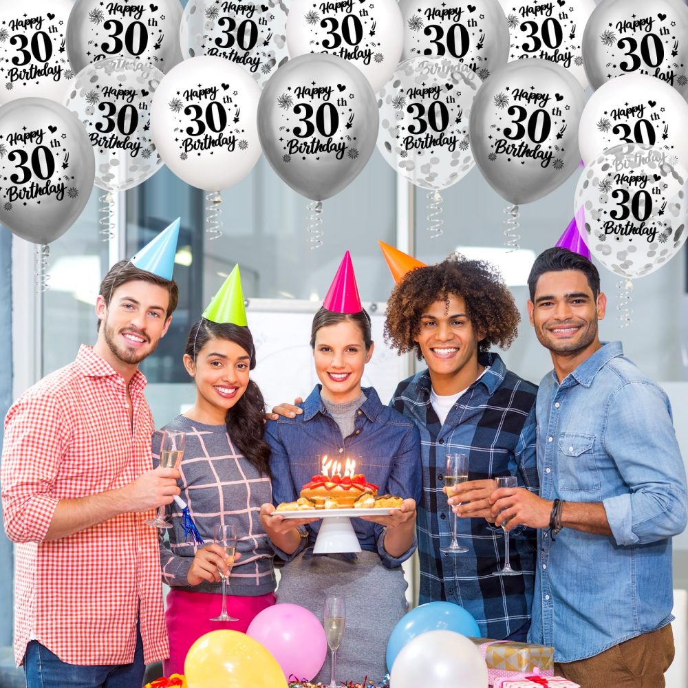 30th Birthday Balloons Decorations White Silver 18pcs Happy 30th Birthday Party Confetti Balloons Latex for Women Men Happy 30th Birthday Anniversary Party Supplies Decor 12 inches Indoor Outdoor - Image 5
