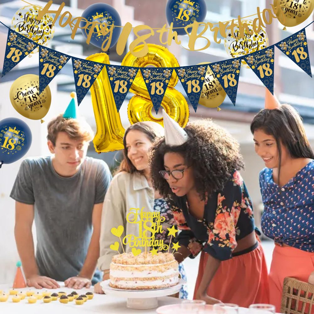 18th Birthday Decorations for Boys - Blue and Gold 18th Birthday Banners Pennant Cake Topper Latex Balloon Number Balloon Heart Foil Balloon Suitable for 18th Birthday Party Supplies - Image 4