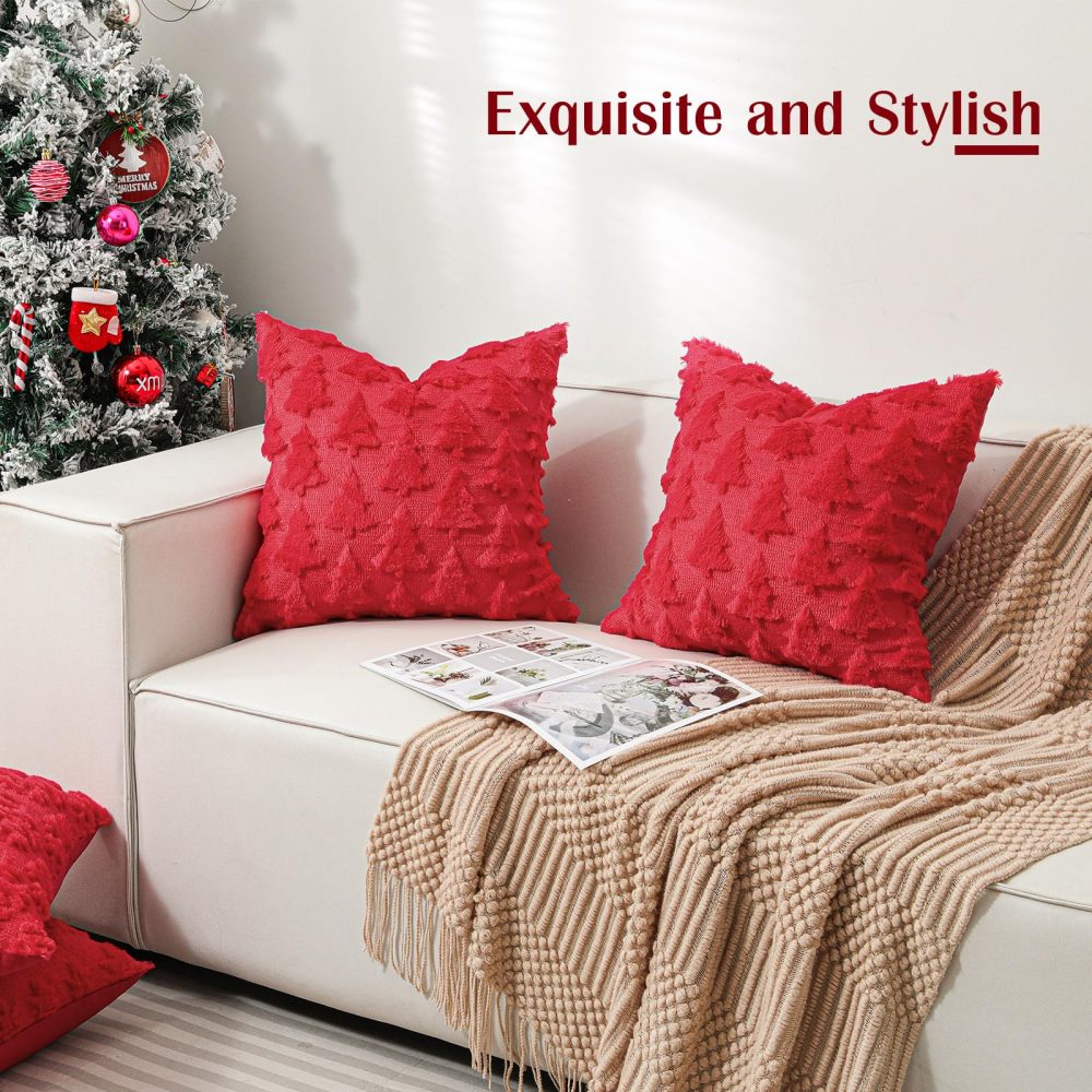 Lewondr Christmas Throw Pillow Cover 18x18, Set of 2 Super Soft Faux Fur Pillow Covers Velvet Christmas Tree Embroidery Decorative Throw Pillowcase for Living Room Bed Couch Sofa Car Home Decor, Red - Image 7