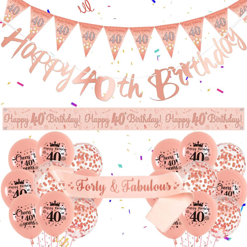 40th Birthday Decorations for Women - Happy 40th Birthday Banner Decor, 44PCS Rose Gold Latex Confetti Balloons Sash Triangle Flag Courtyards Banner Party Decoration Kit Supplies for Friends