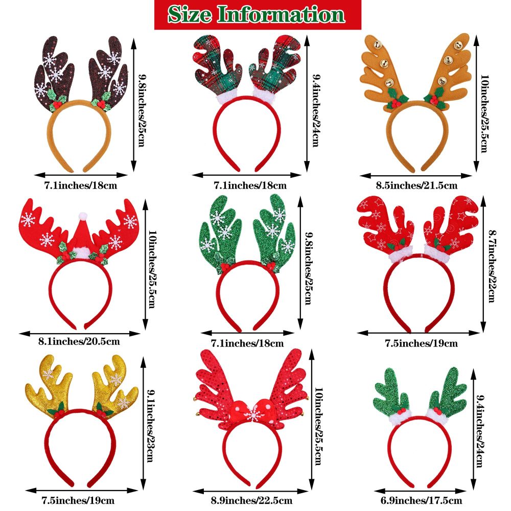 ANECO 9 Styles Christmas Reindeer Headband Antlers Headband Christmas Party Costume Head Boppers for Christmas Party Favor, 9 Pack - Image 7