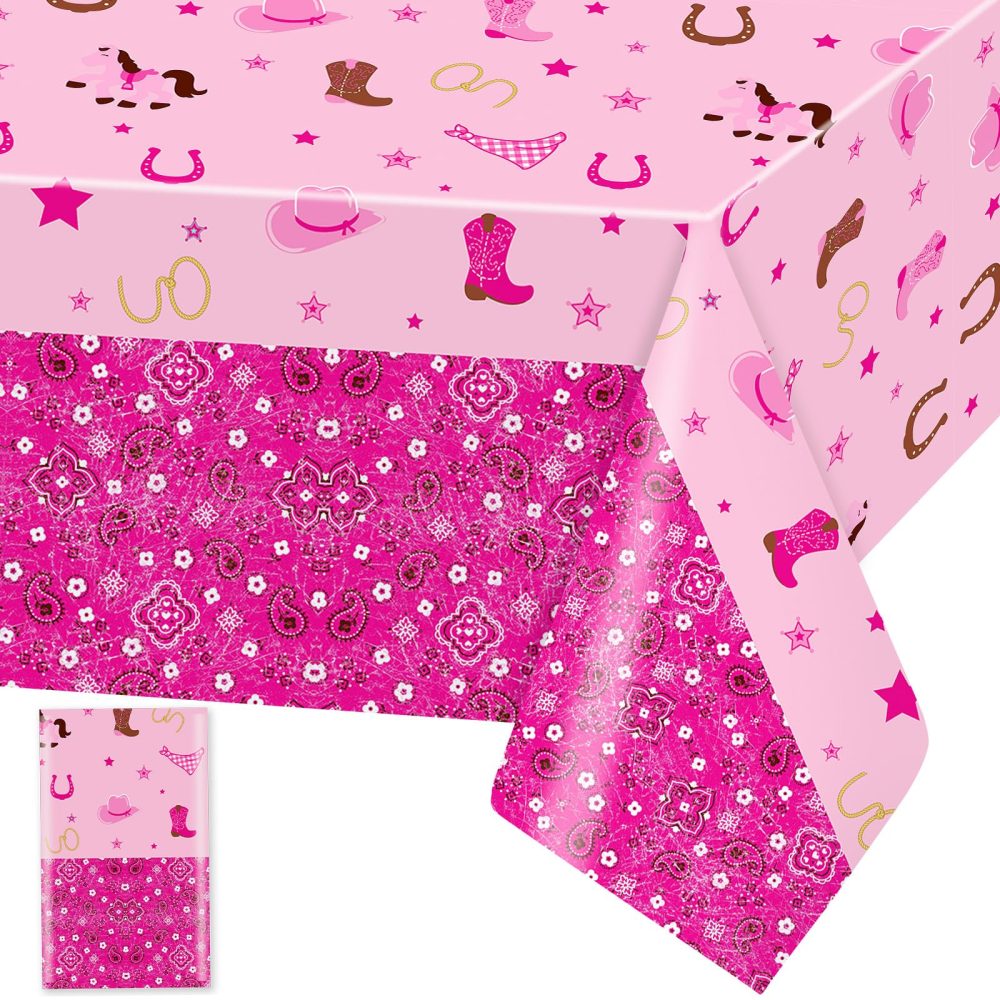 Cowgirl Table Cloth Western Cowgirl Plastic Table Cover Pink Felt Horse Tablecloth Rectangular Tablecloths Disposable Wipe Clean Waterproof Table Cloths Covers for Girls Birthday Party Supplies, 1pc