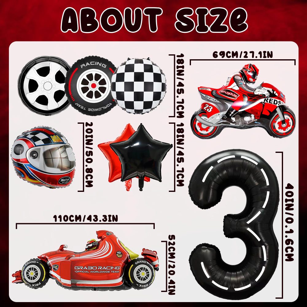 Race Car 3rd Birthday Decorations - 10 Pieces Racing Car Party Balloons, Race Car Balloons Motorcycle Helmet Tire Foil Balloons for Kids 3rd Birthday Party Racing Car Party Decorations Supplies - Image 6