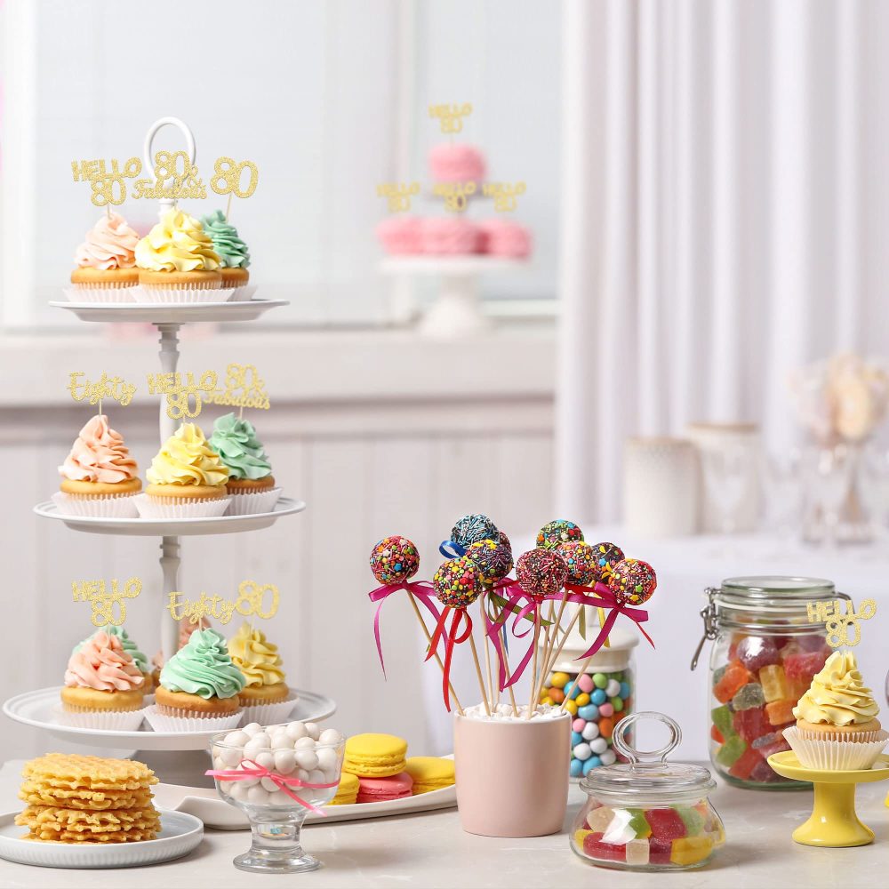 Gyufise 24Pcs 80th Birthday Cupcake Toppers Gold Glitter Hello 80 Cake Topper Eighty 80 & Fabulous Cupcake Picks 80th Birthday Cake Decorations Supplies - Image 5