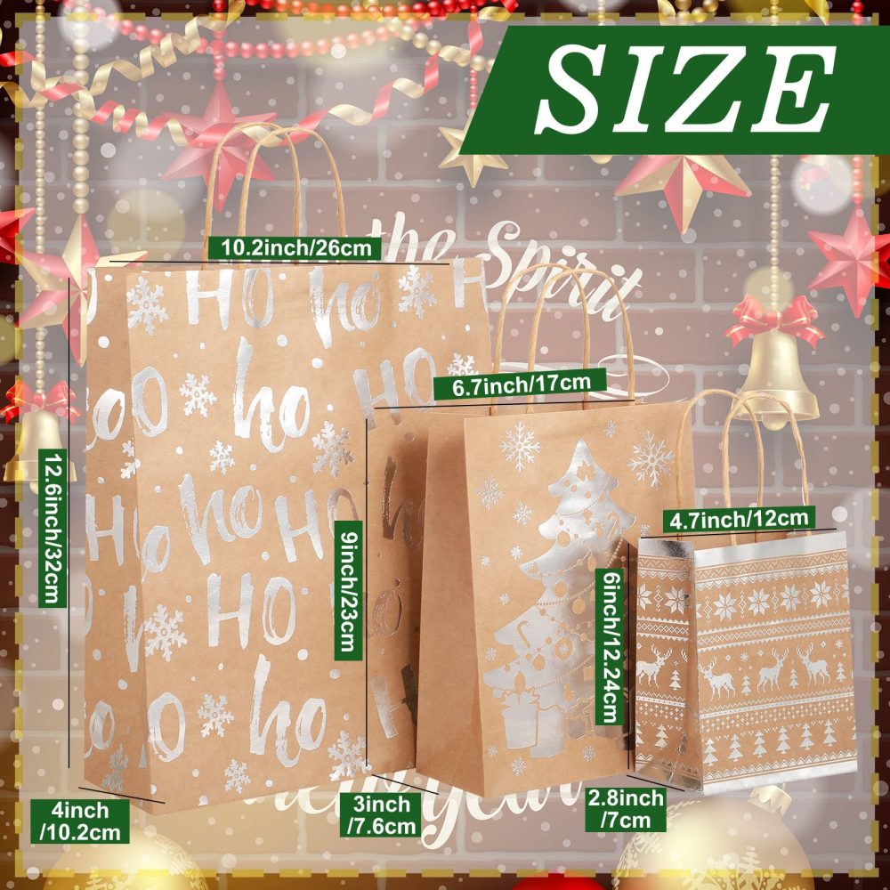 18 Pcs Christmas Kraft Paper Bag Bronzing Gift Bags Metallic Gold Gift Treat Goodie Bag Assorted Sizes Bulk Xmas Gift Wrapping Bag with Handle for Holiday New Year Party Packaging Decor (Silver) - Image 8