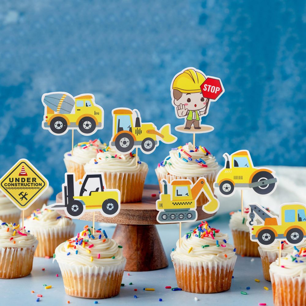 Arthsdite 24pcs Construction Cupcake Toppers Stop Sign Dump Truck Excavator Tractor Party Cake Food Picks Decorations for Construction Theme Baby Shower Kids Birthday Party Supplies - Image 6