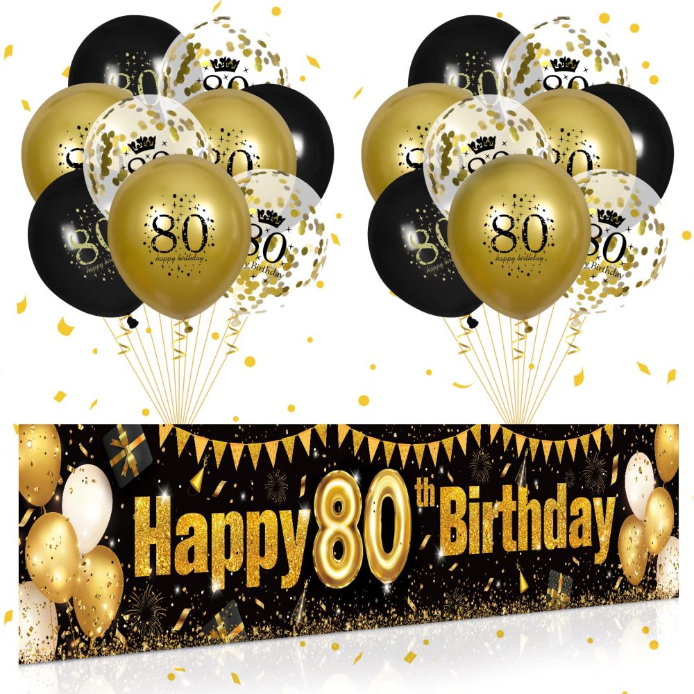 RUMIA 80th Birthday decor for Men Women Black Gold, Black & Gold Birthday Yard Banner & 18 PCS 80th Happy Birthday Balloons Anniversary Birthday Party Supplies Indoor Outdoor Yard Decor (8E-HCX)